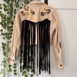 Nasty Gal Festival Oversize Crop Cowboy Denim Fringe Jacket